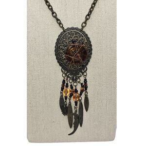 Amber Glass Talisman Necklace Black Filigree Charm Pendant - Witchy Luxe